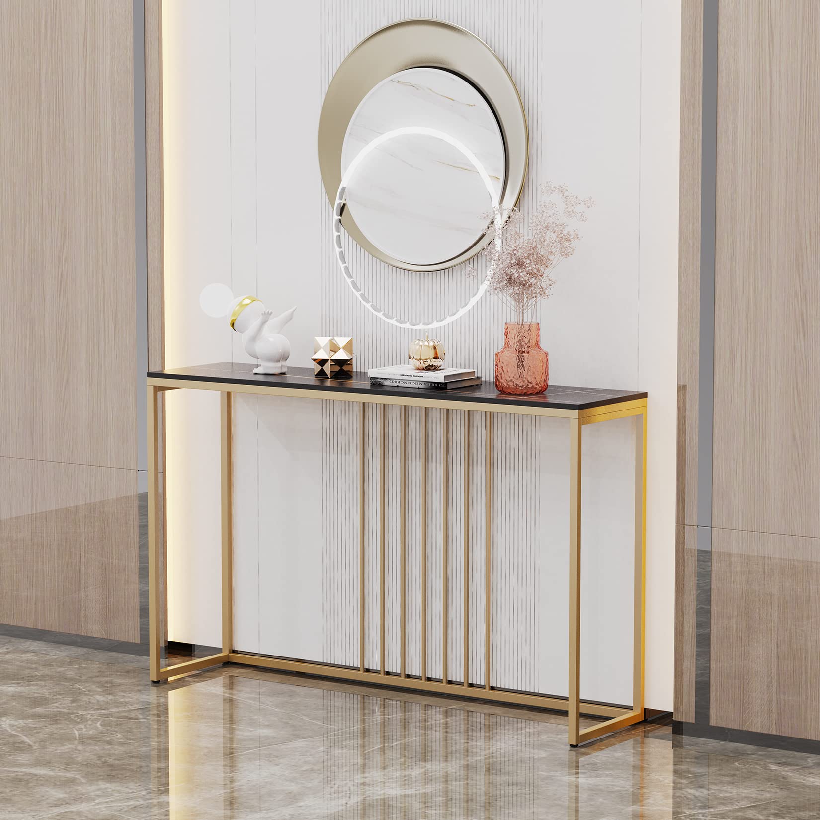 Sintered Stone Entryway Console Table: Black Marble Tabletop Long Table