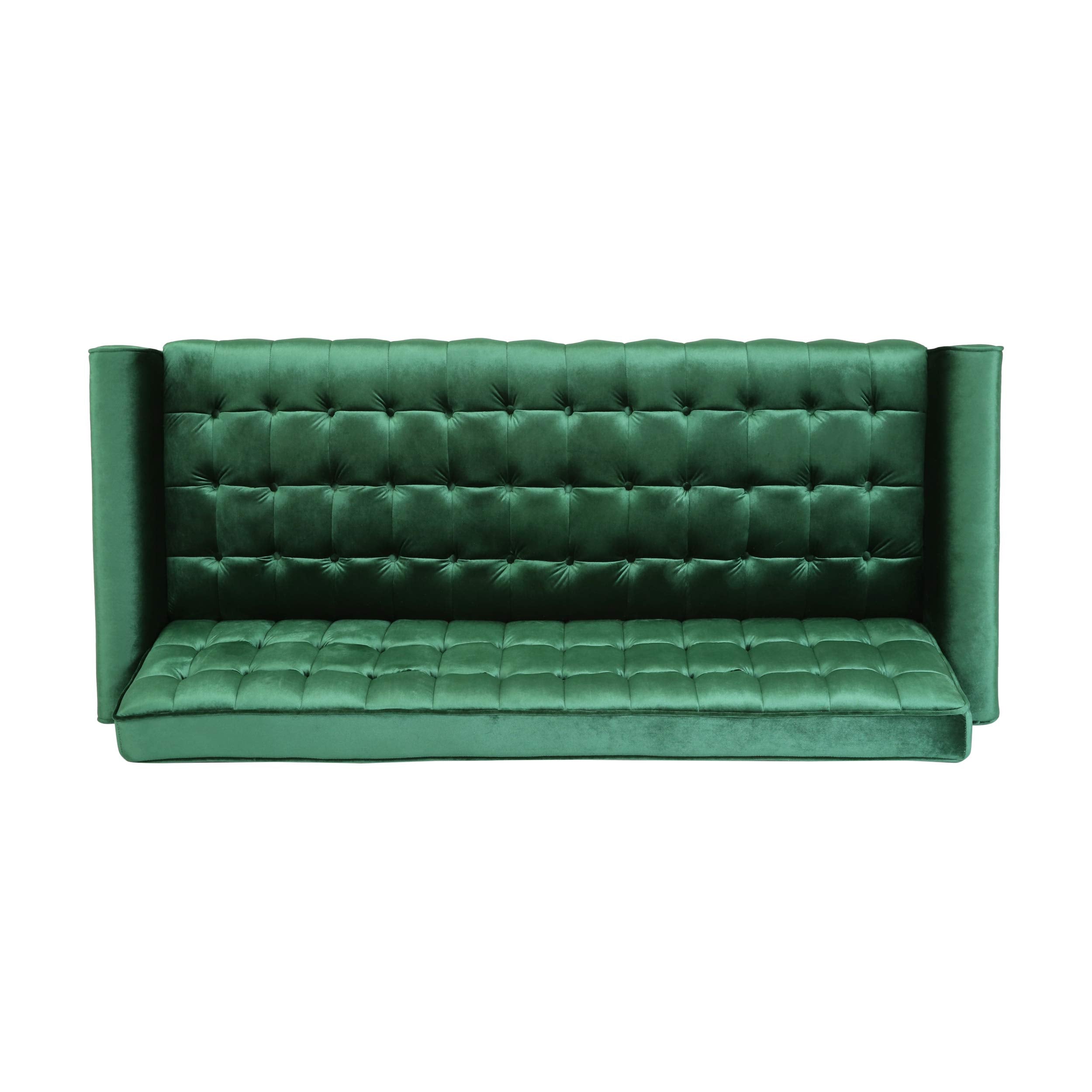 Adan Tufted Velvet Sofa Tipped Tapered Legs, Emerald and Gold Finish