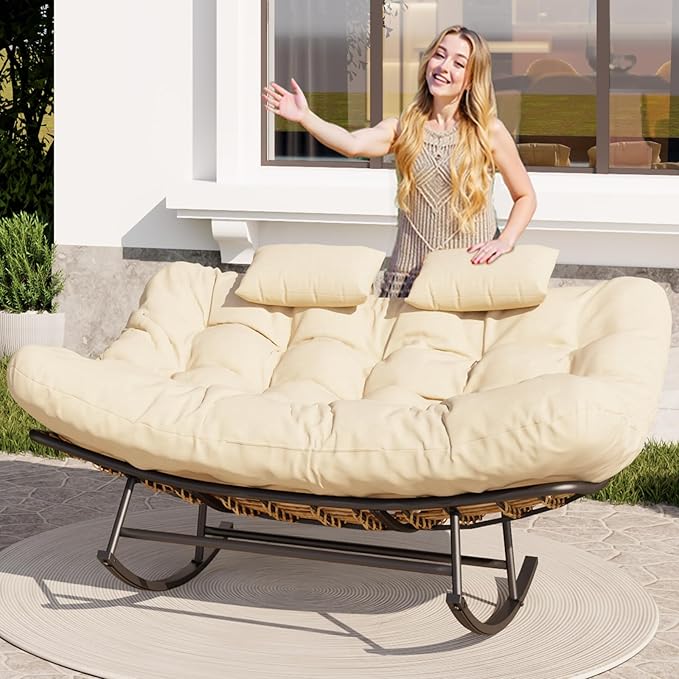 Oversized Outdoor Rocking Papasan Chair,Double Patio Rocking Chair for 2-Person