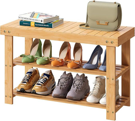 Bamboo Shoe Bench, 3-Tier Shoe Rack with 1.6" Thick Padding, Stable Shoe Organizer