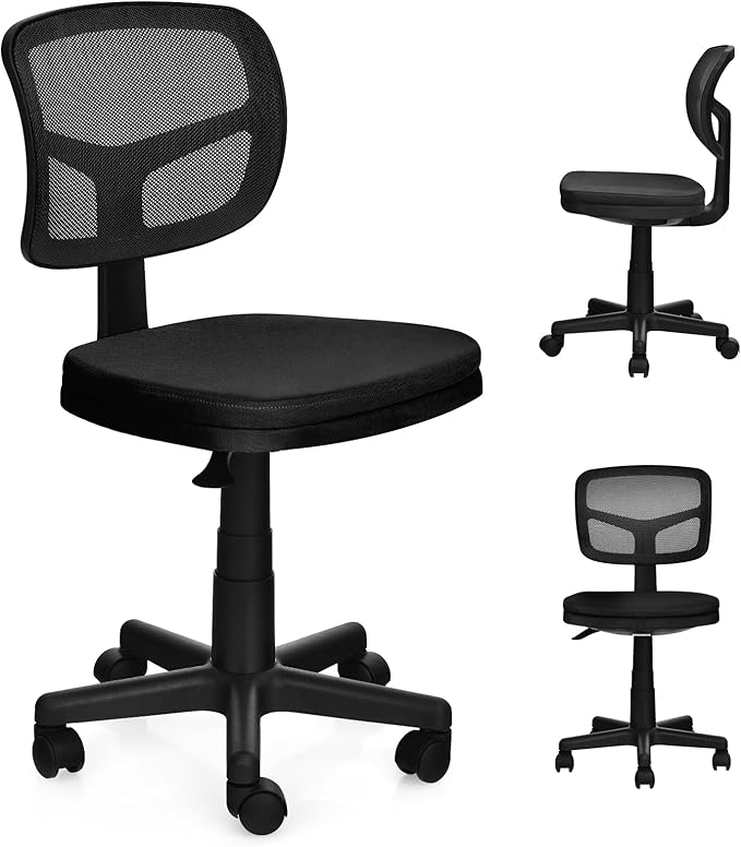 Low-Back Mesh Computer Chair Armless Ergonomic Office Chair with Adjustable Height, Y-Shaped Support for Teens Kids, 360° Swivel Task Chair for Home Office School (Grey)