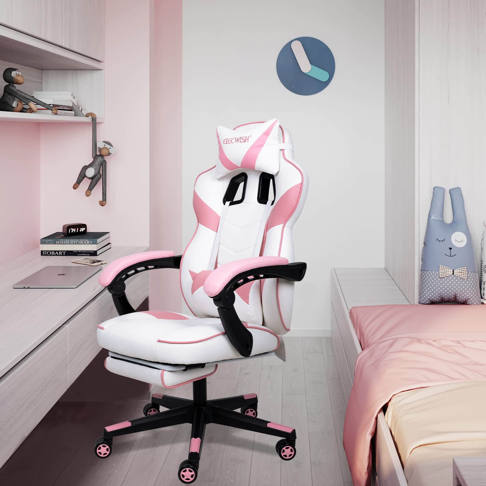 Pink Kawaii Gaming Chair with Lumbar Support