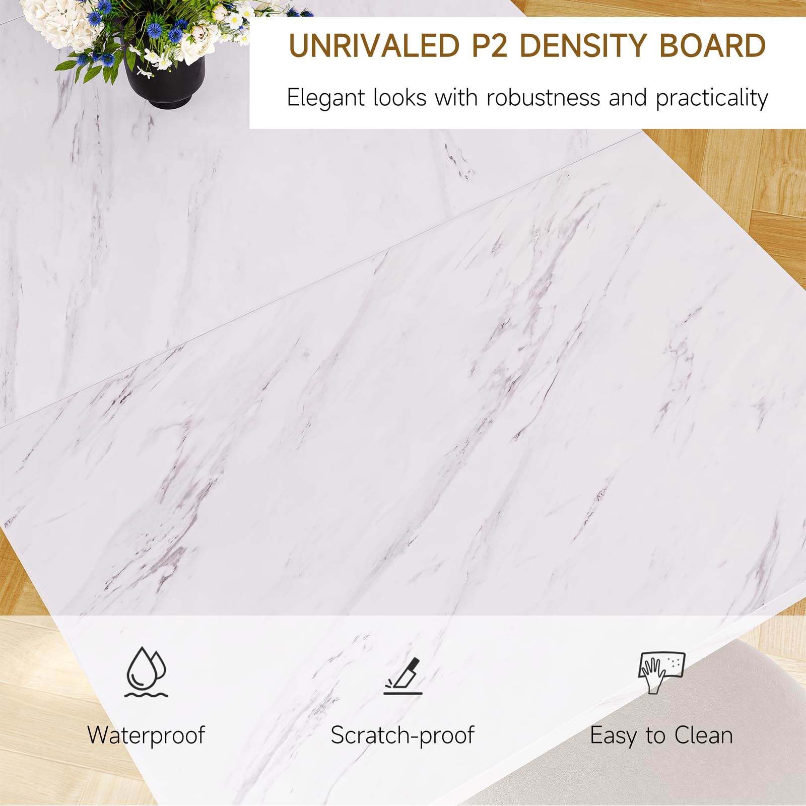 71" Rectangular Dining Table for 6-8 People - White Marble & Gold Metal Frame