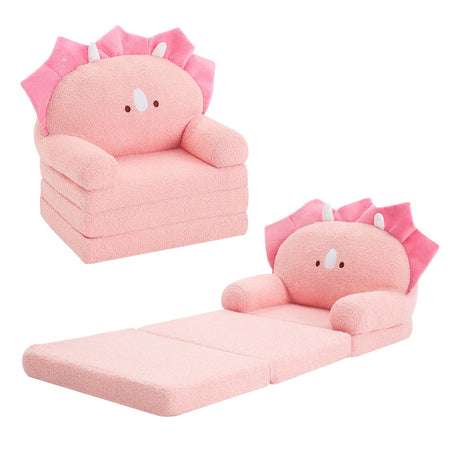 Comfy Toddler Chair, Kids Couch Fold Out to Lounger, Foldable Baby Sofa Plush for Girl and Boy Age 18 Months and Up （Pink Triceratops）