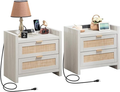 Night Stand Set of 2 - Rattan Nightstands with Type-C Charging Station, 2 Rattan Drawers