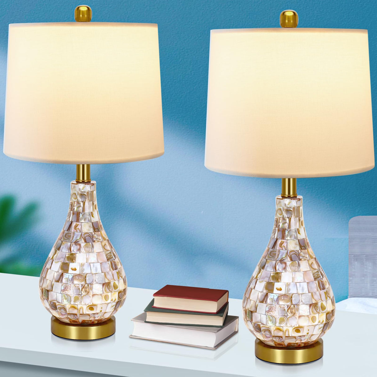 Modern Coastal Table Lamps Set of 2, Natural Mother of Pearl Tiles 23.5" Bedside Lamp,