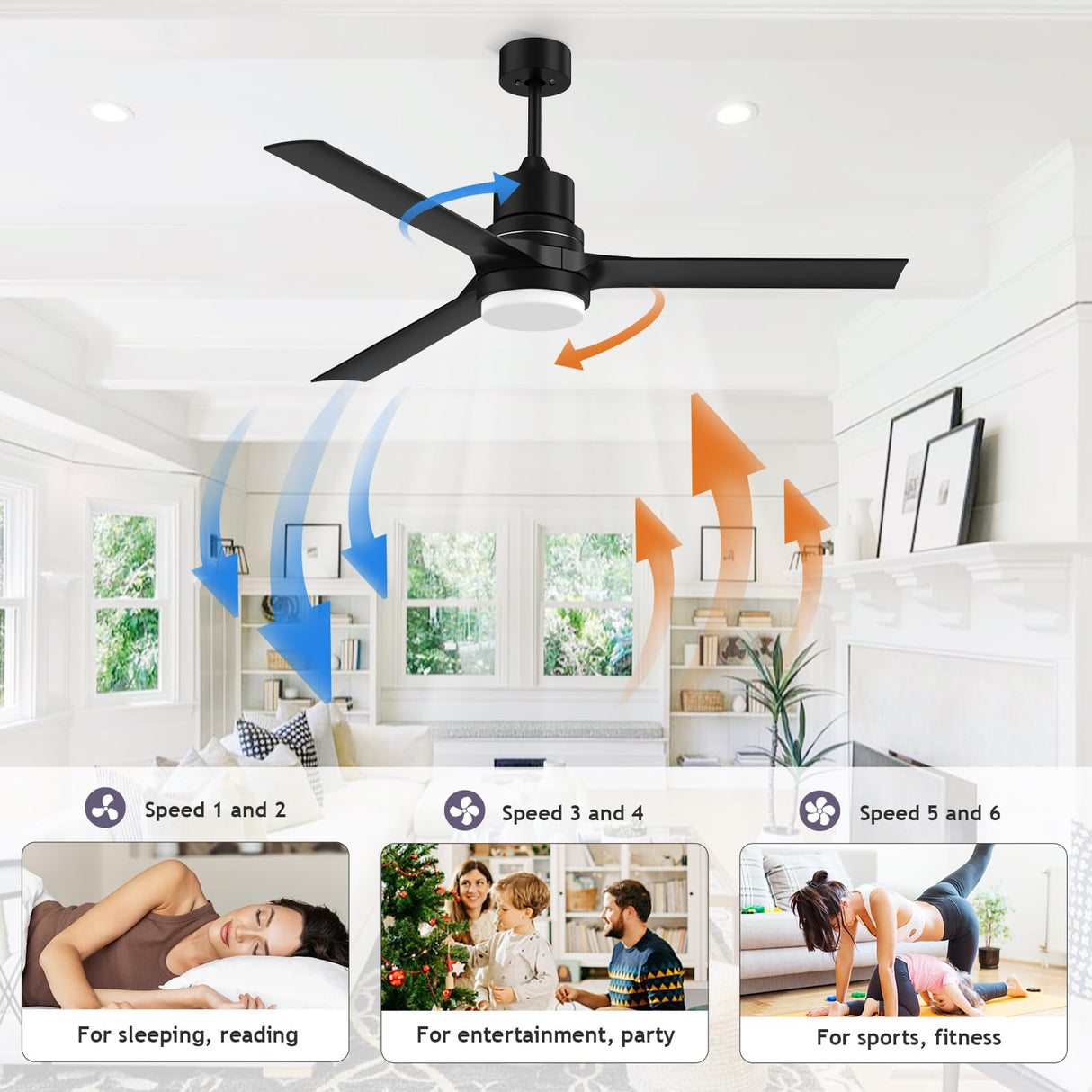 Ceiling Fans with Lights and Remote, 52 Inch Black Ceiling Fan with Remote 6 Speed