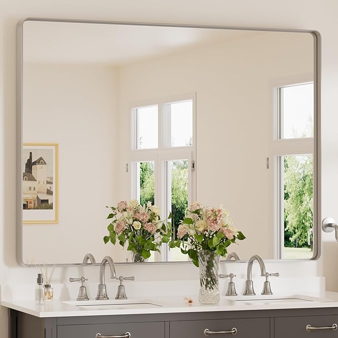 Brushed Gold Bathroom Mirror 48 x 30 Inch Large Rounded Rectangle Vanity Mirror