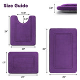 YIHOUSE Memory Foam Bath Mat Set, Bathroom Rugs Sets 3 Pieces, Non Slip Bath Mats for Bathroom, Super Soft and Water Absorbent bath rug set, Machine Washable U Shape Toilet Mats Set,Purple