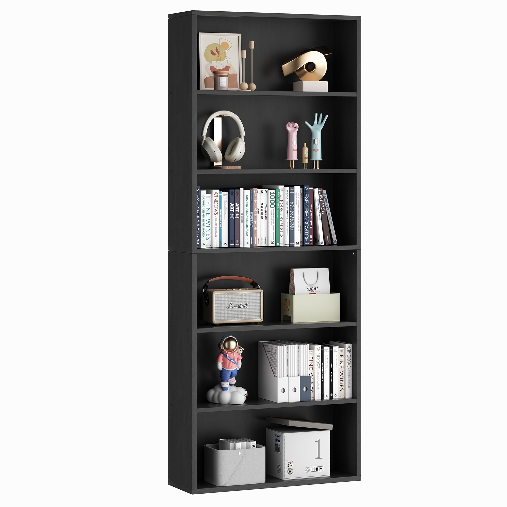 6-Tier Open Bookcase and Bookshelf, Floor Standing Wood Display Storage Shelves 71 Inch Tall Bookcase Home Decor Furniture for Home Office, Living Room, Bed Room, Black