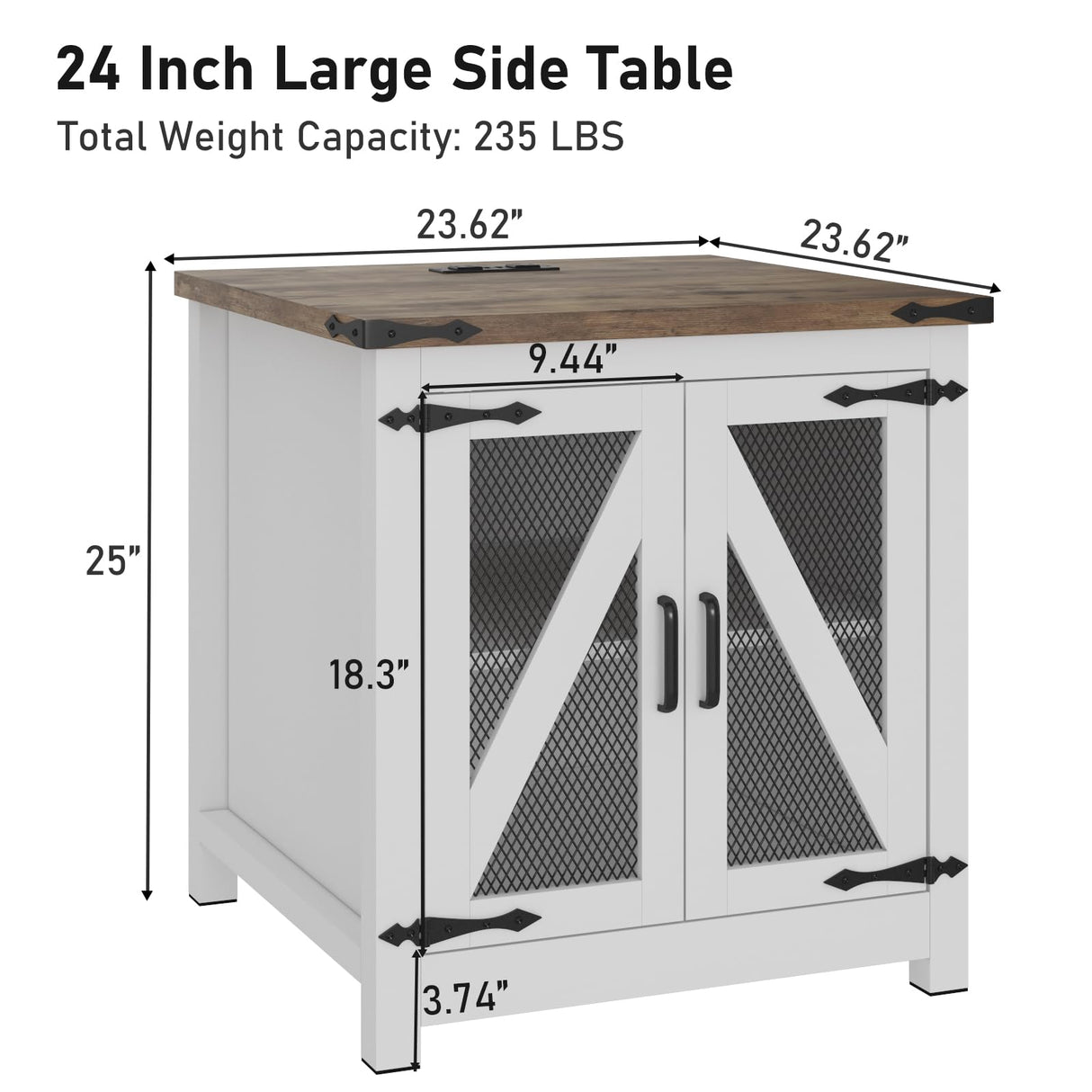 End Table, 24" Large Sofa Side Table with Charging Station, Mesh Barn Door