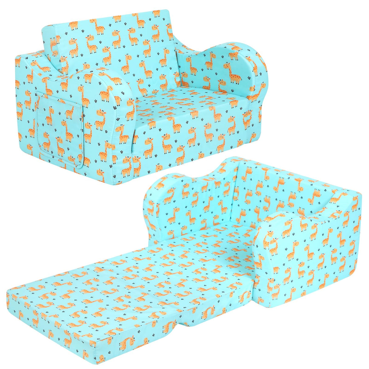 MOMCAYWEX Cute Giraffe Kids Sofa, 2-in-1 Kids Couch Fold Out, Convertible Sofa to Bed for Girls and Boys