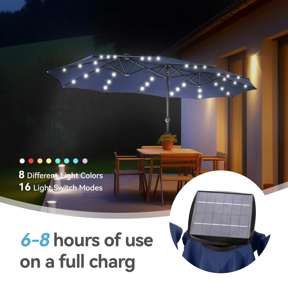 13 ft Large Patio Umbrella with Solar Lights, Double-Sided Outdoor Table Umbrella with Crank