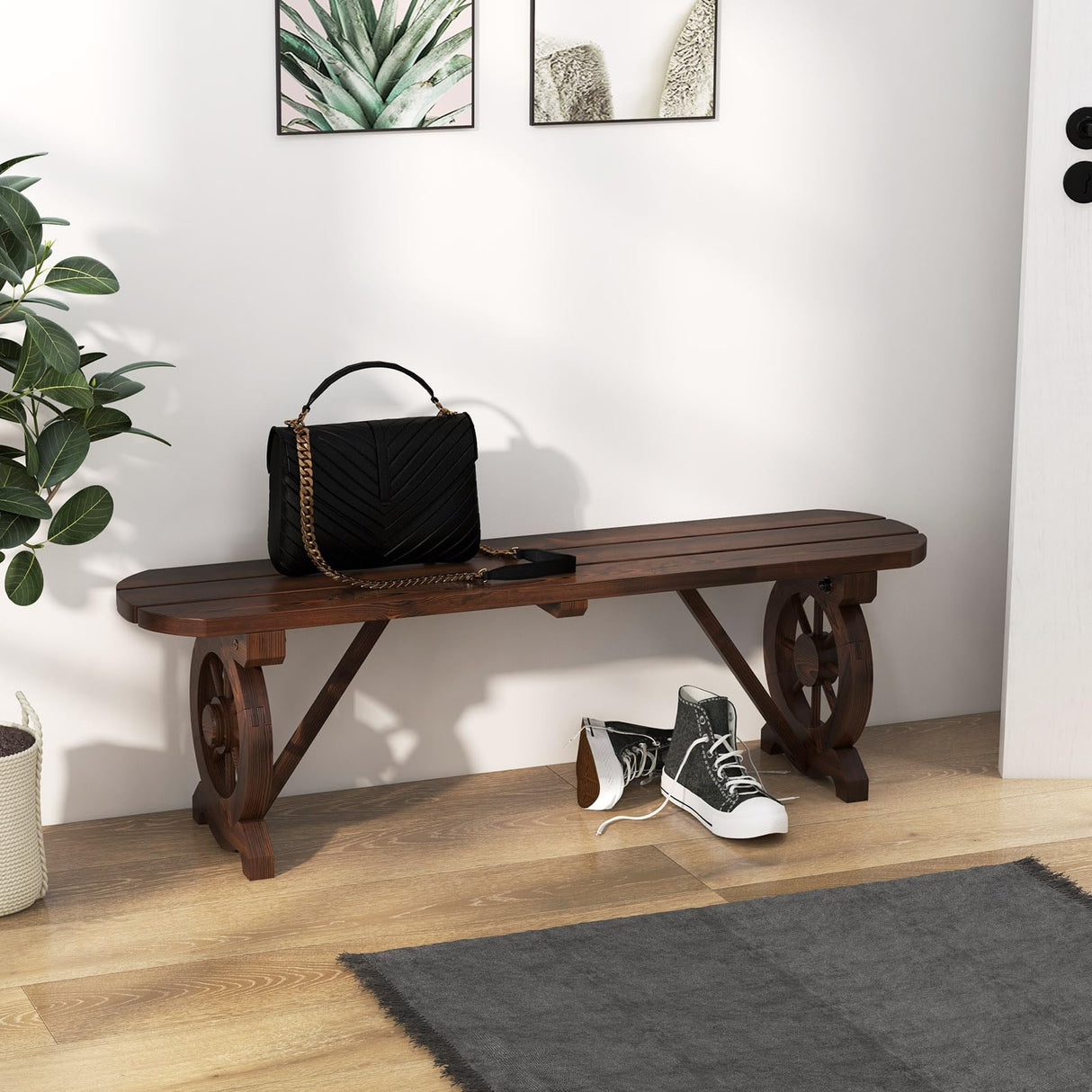 Person Wooden Outdoor Bench with Wagon Wheel Legs, Slatted Seat
