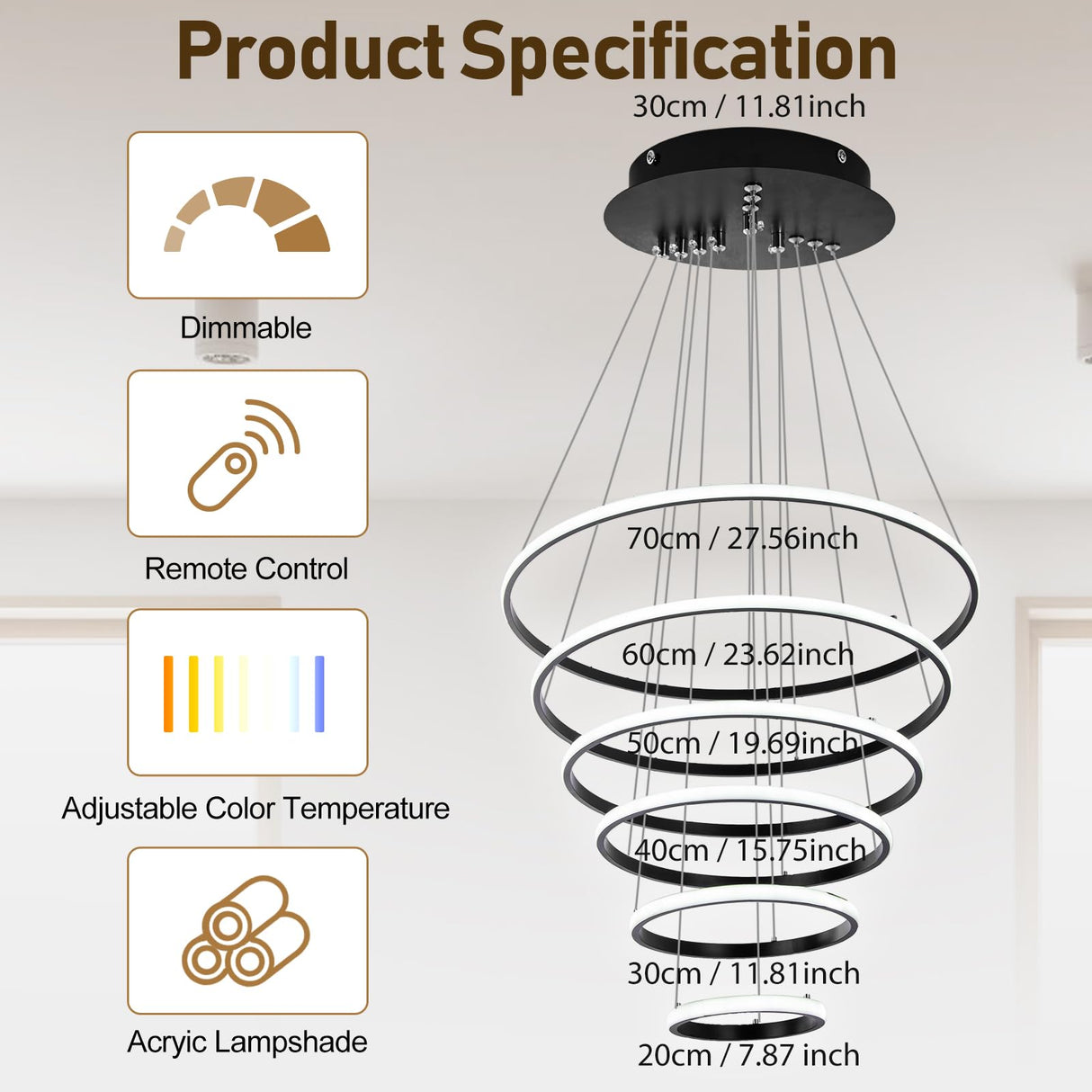 6 Ring Chandelier for High Ceiling with Remote Control, Black LED Chandelier Brightness