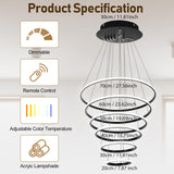 6 Ring Chandelier for High Ceiling with Remote Control, Black LED Chandelier Brightness