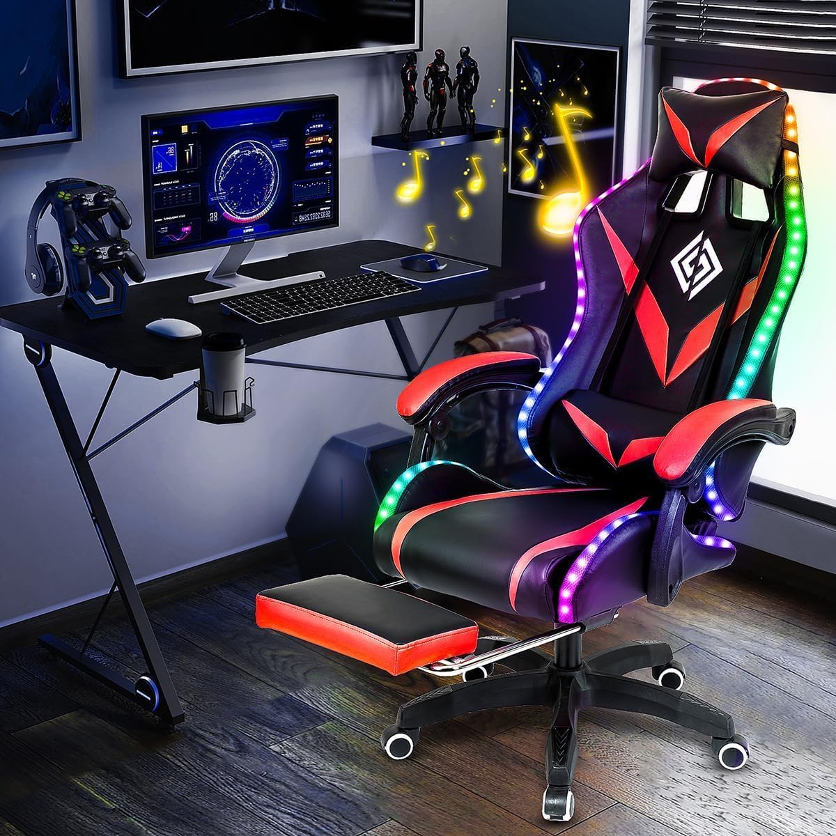 RGB Gaming Chair with Bluetooth Speakers, Massage & Footrest