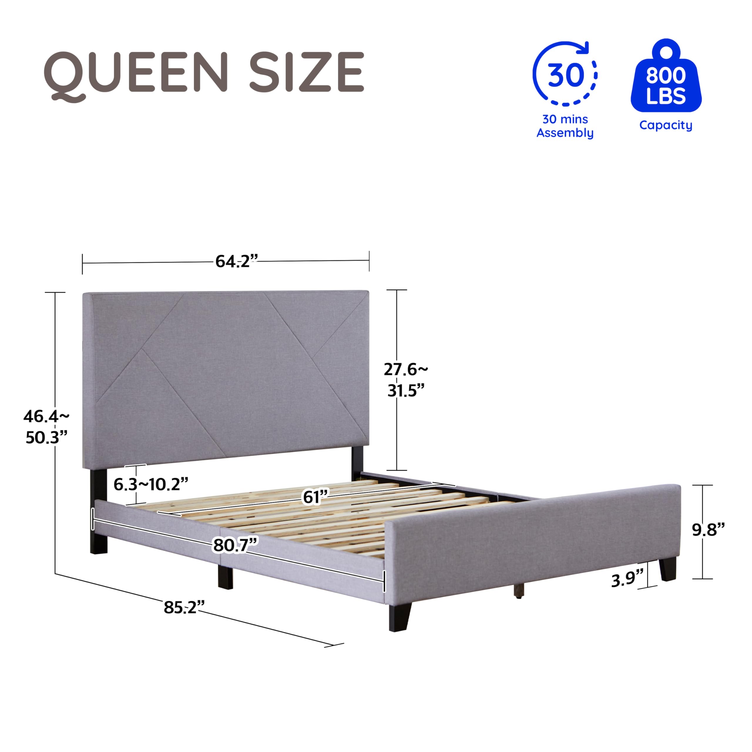 Stella Queen Platform Bed with Adjustable Headboard - Gray Fabric Upholstered Frame