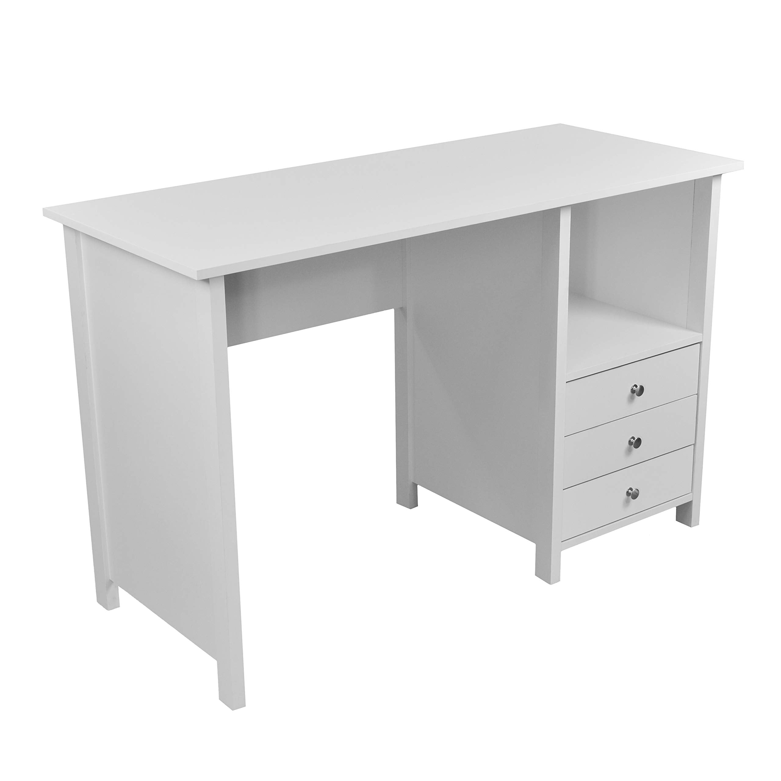 White Desk with Drawers - Small Office Desk with 3 Cabinet Drawers, Open Shelf