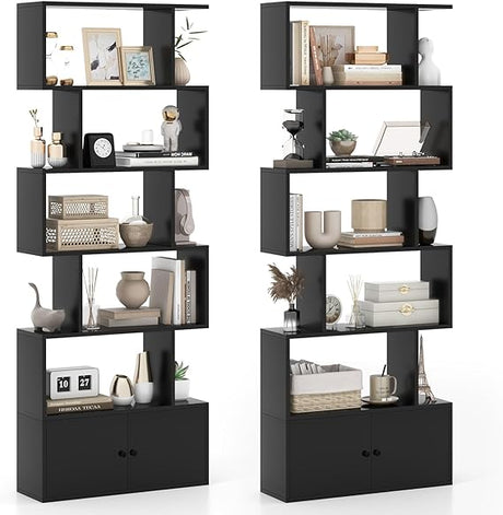 6-Tier Geometric Bookcase with Cabinet, Freestanding Display Shelves