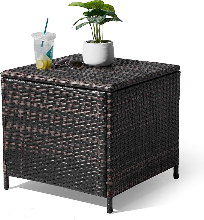 Outdoor Side Table with Storage, 13-Gallon Storage Box Outdoor Wicker Side Table