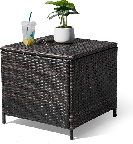 Outdoor Side Table with Storage, 13-Gallon Storage Box Outdoor Wicker Side Table