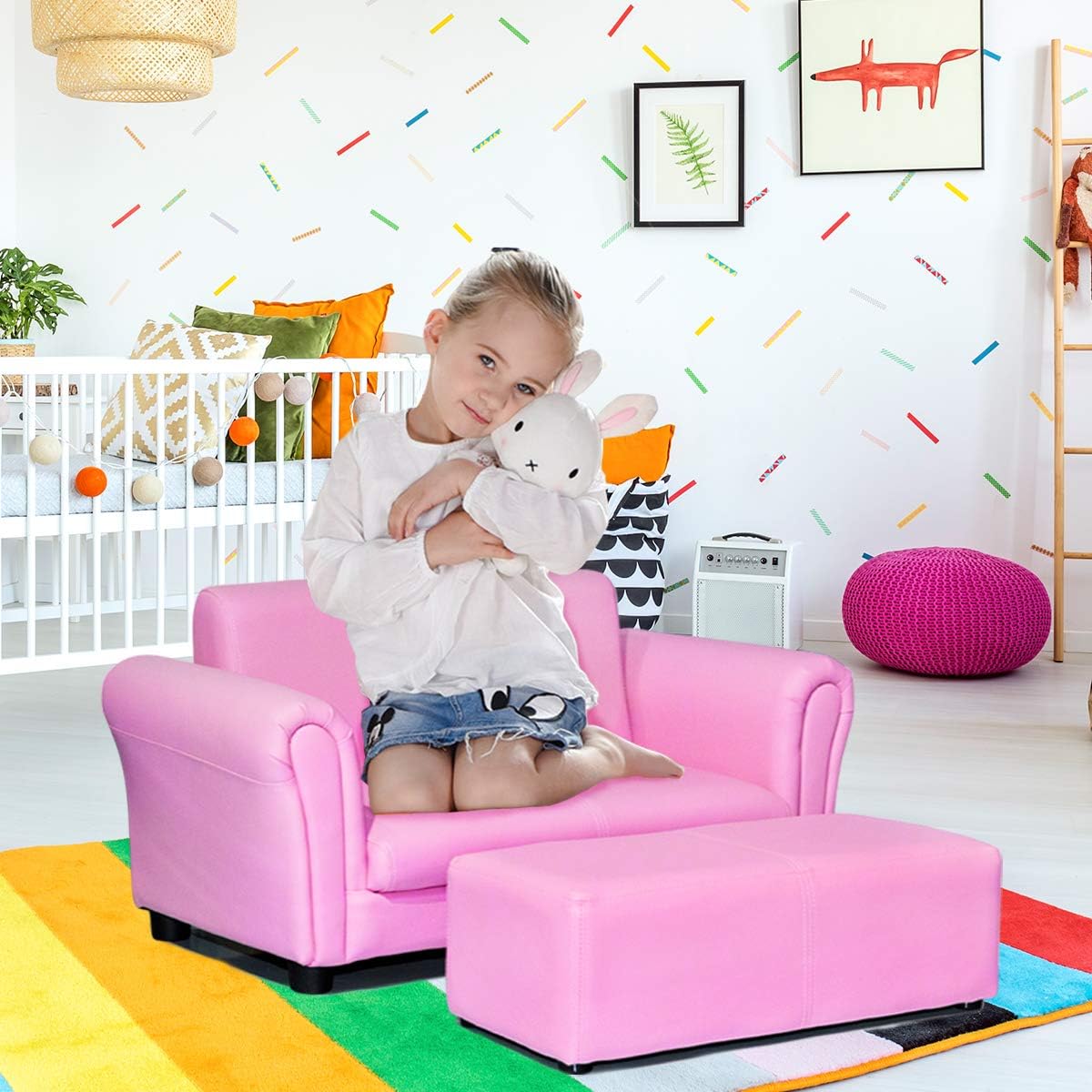 Footstool, 2 in 1 Double Seat Children's Sofa w/PU Leather Surface, Armrest Chair Lounge,