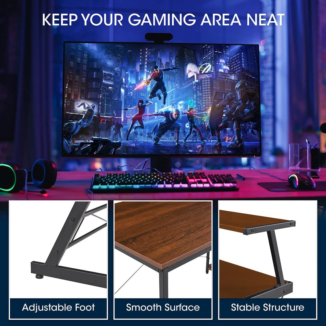 Halter L Shaped Desk, Gaming Computer Corner Desk for Small Spaces with Monitor Shelf, Modern Home Office L Desk, Writing Study, Workstation, Brown, 59 Inches