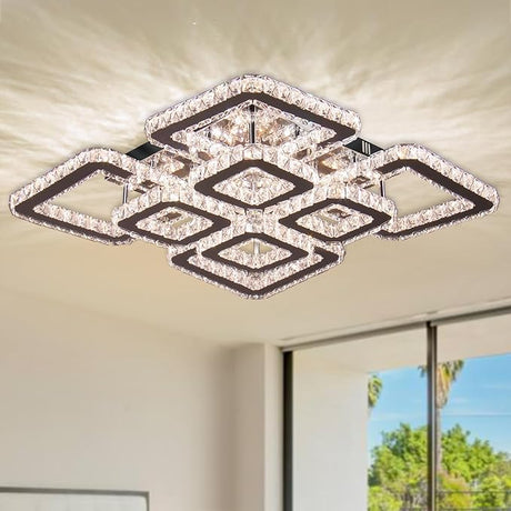 20”Crystal Chandelier Square Led Crystal Flush Mount Ceiling Light 8 Lights Modern