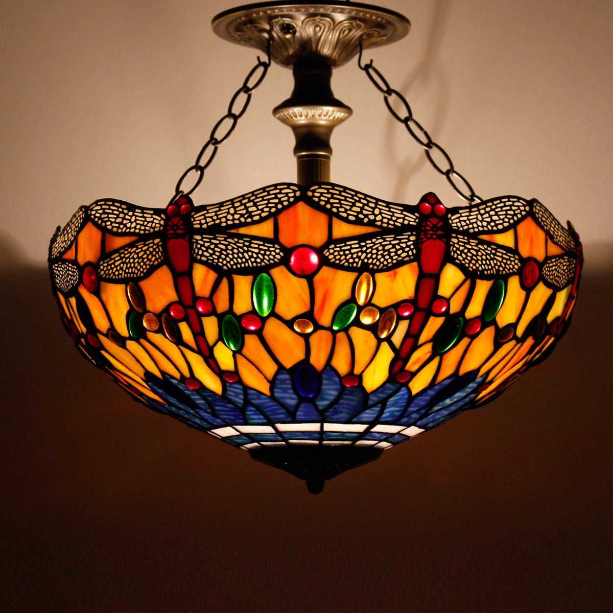 Tiffany Dragonfly Ceiling Light - 16 Inch Stained Glass Semi Flush Mount