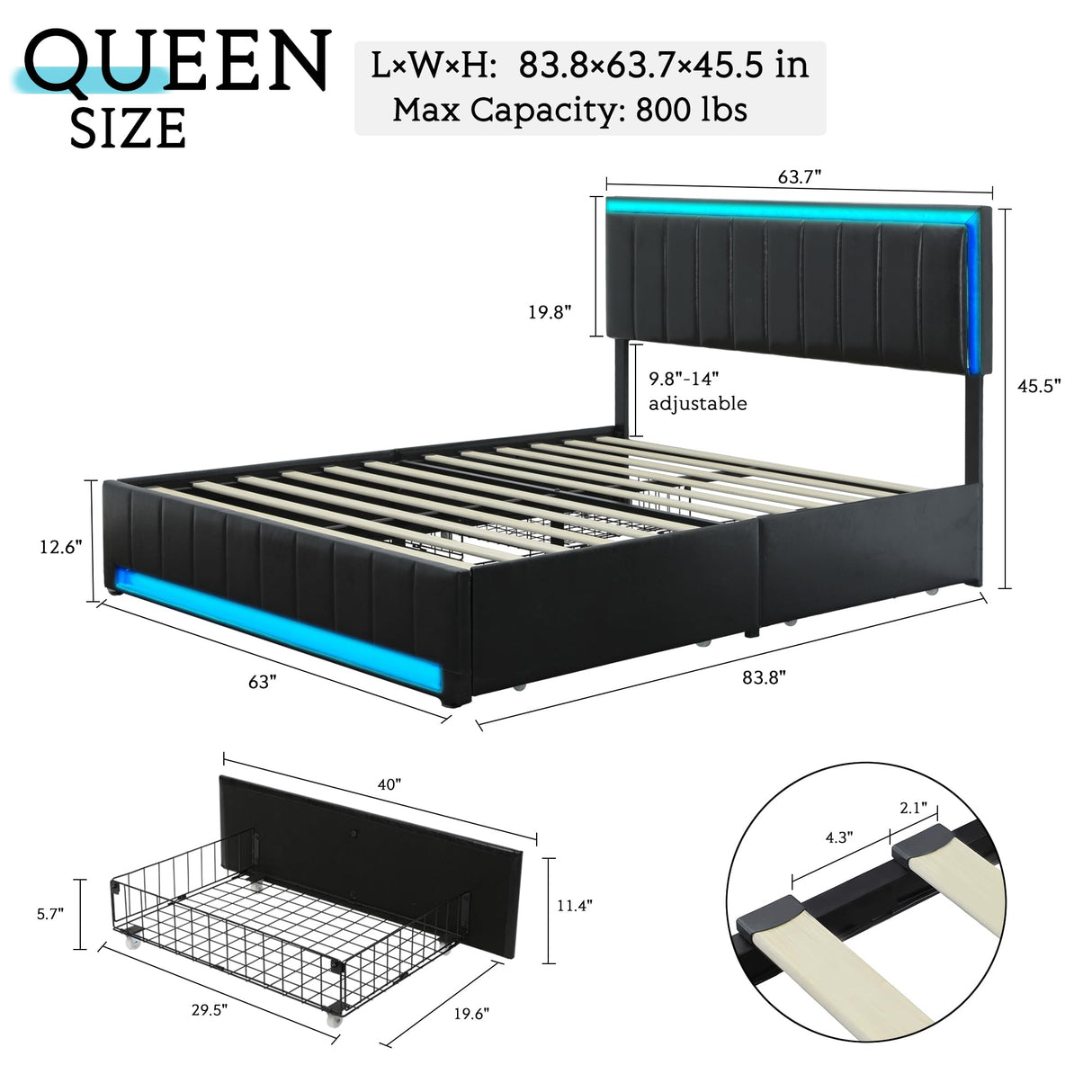 Queen Size Bed Frame with Headboard, Platform Bed Frame with LED Lights&4 Storage Drawers,