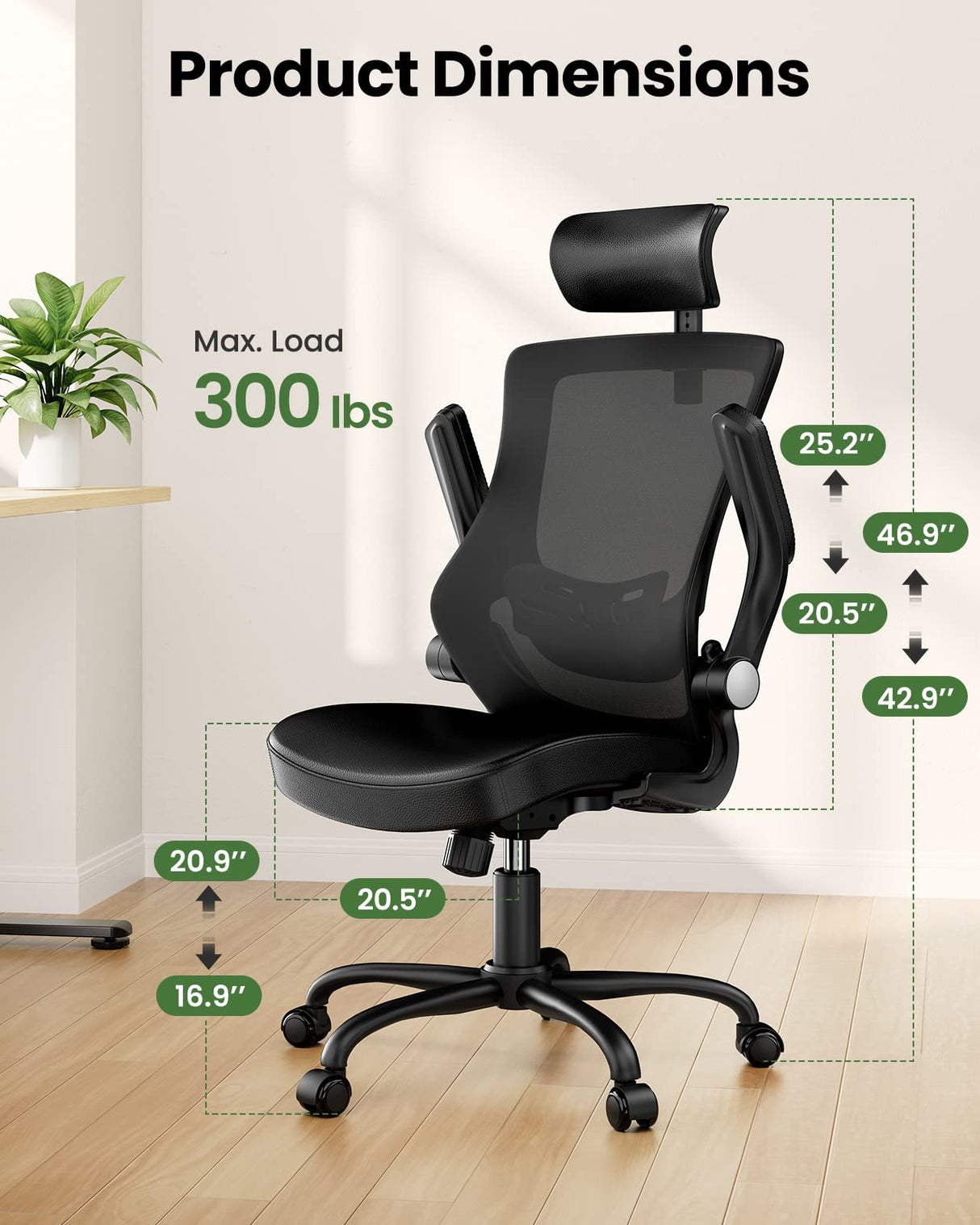 Office Chair Ergonomic Desk Chair, 360°Swivel Mesh Back Wide Computer Chair PU