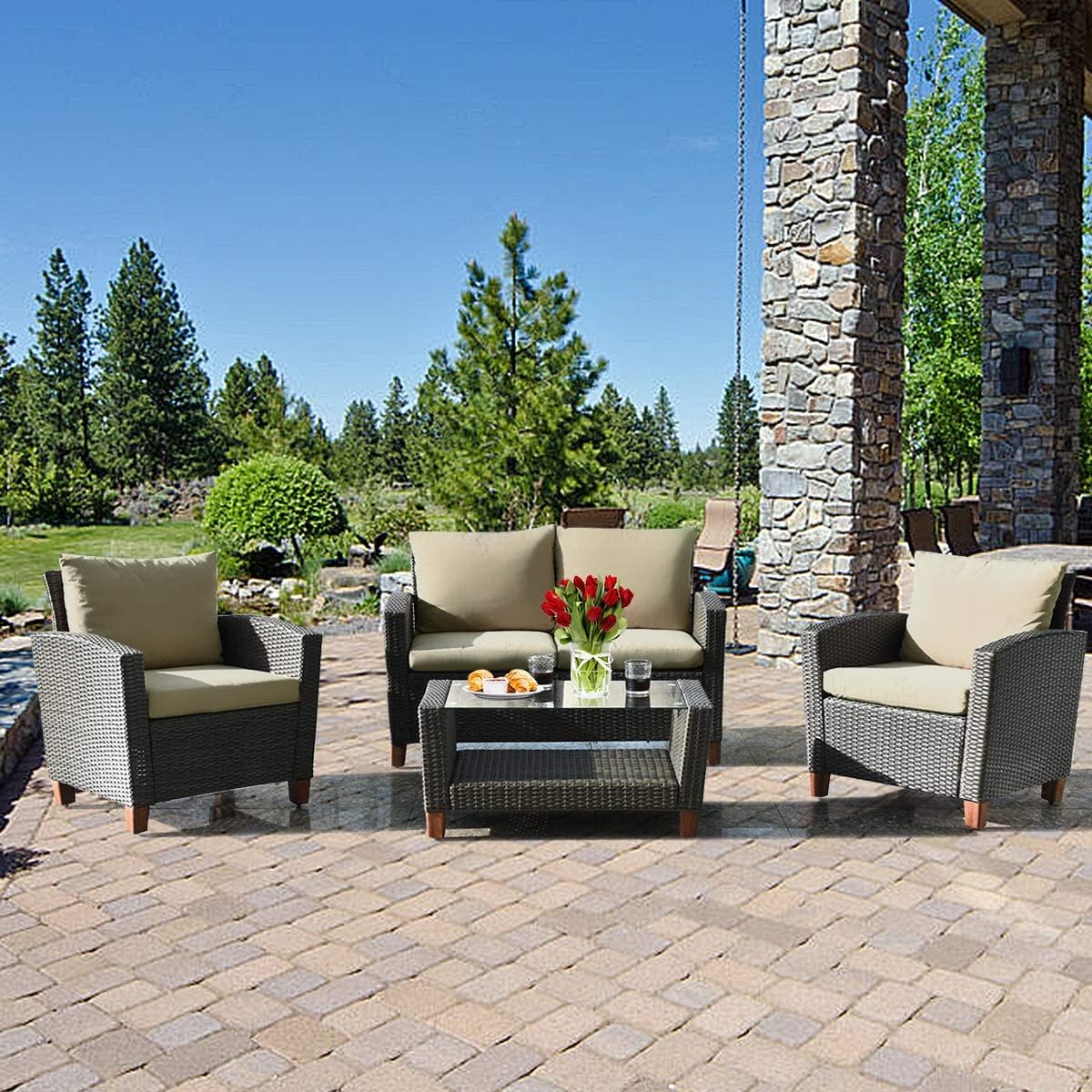 Pieces Patio Conversation Set Outdoor Rattan Wicker Furniture Set
