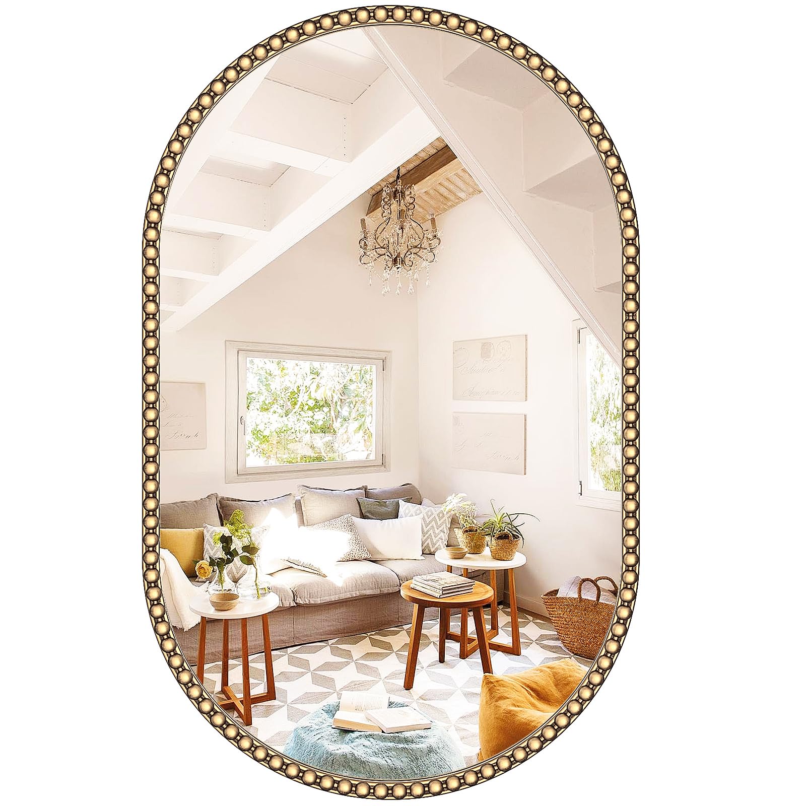 Gold Oval Bathroom Mirror 20x33 - Beaded Antique Brass Wall Mirror