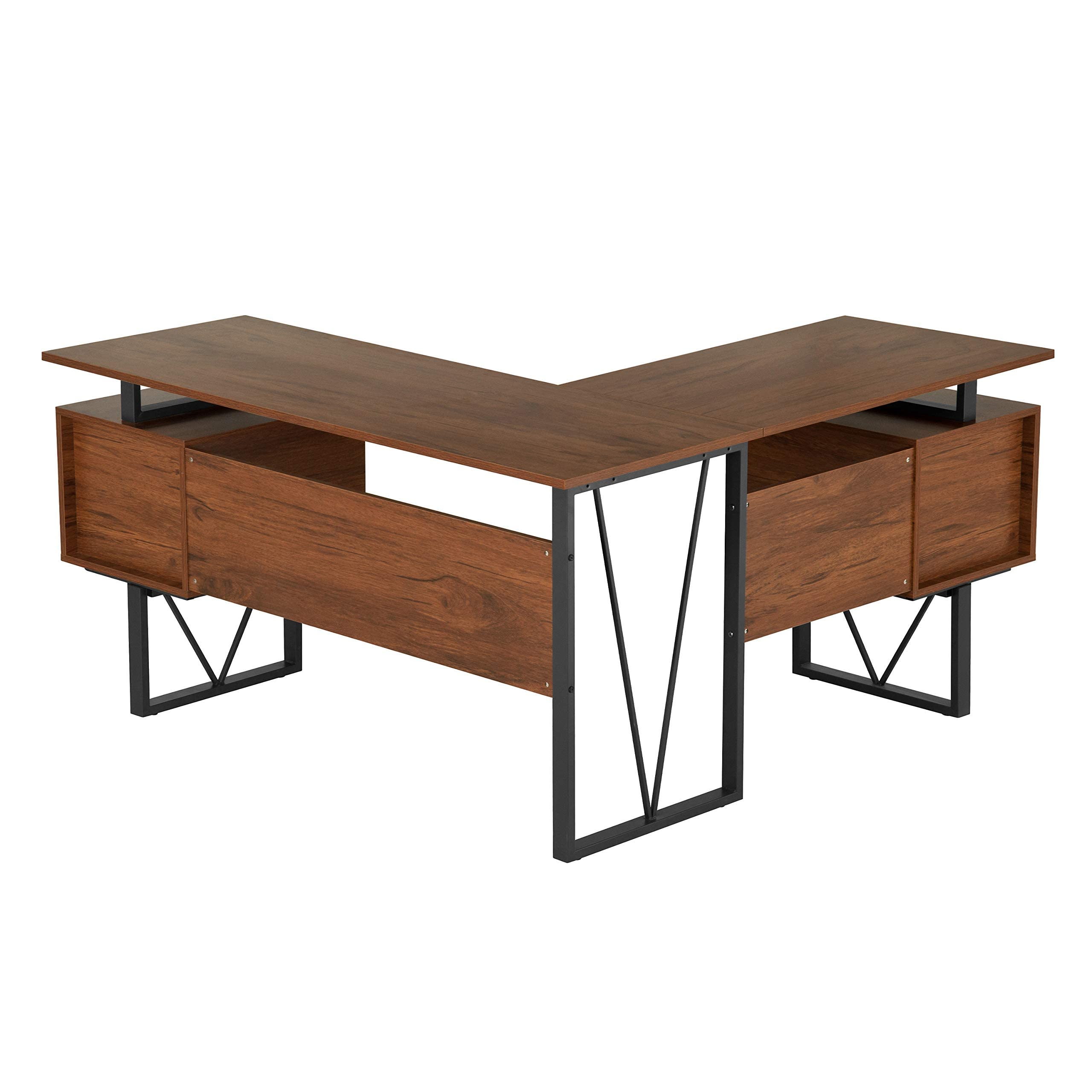 Reversible L Shaped Desk with File Cabinet and Drawers 59” W – Modern Versatile L Shaped Office Desk with Drawers and File Cabinet - Brown