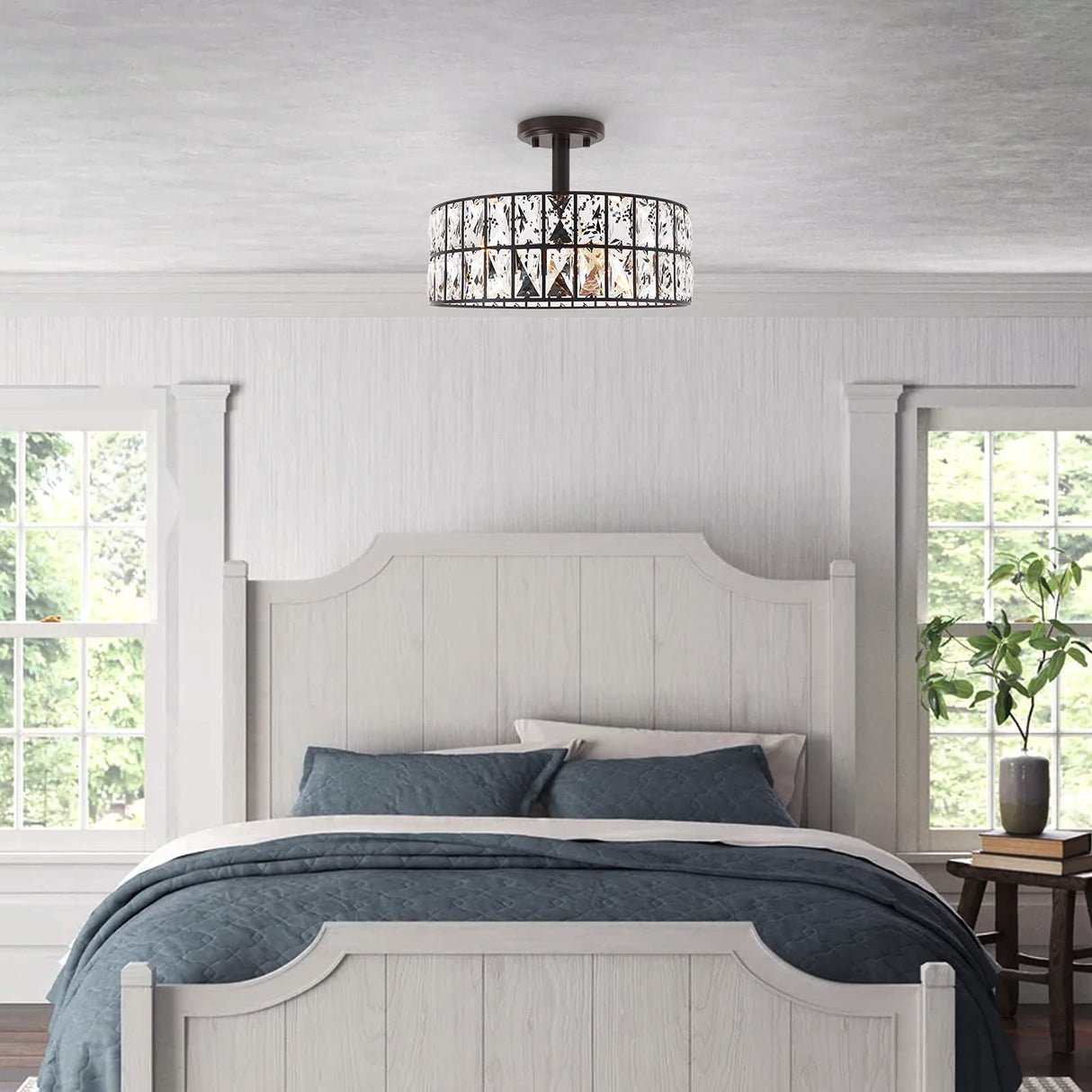 Farmhouse Drum Semi Flush Mount Close to Ceiling Lamp Fixture