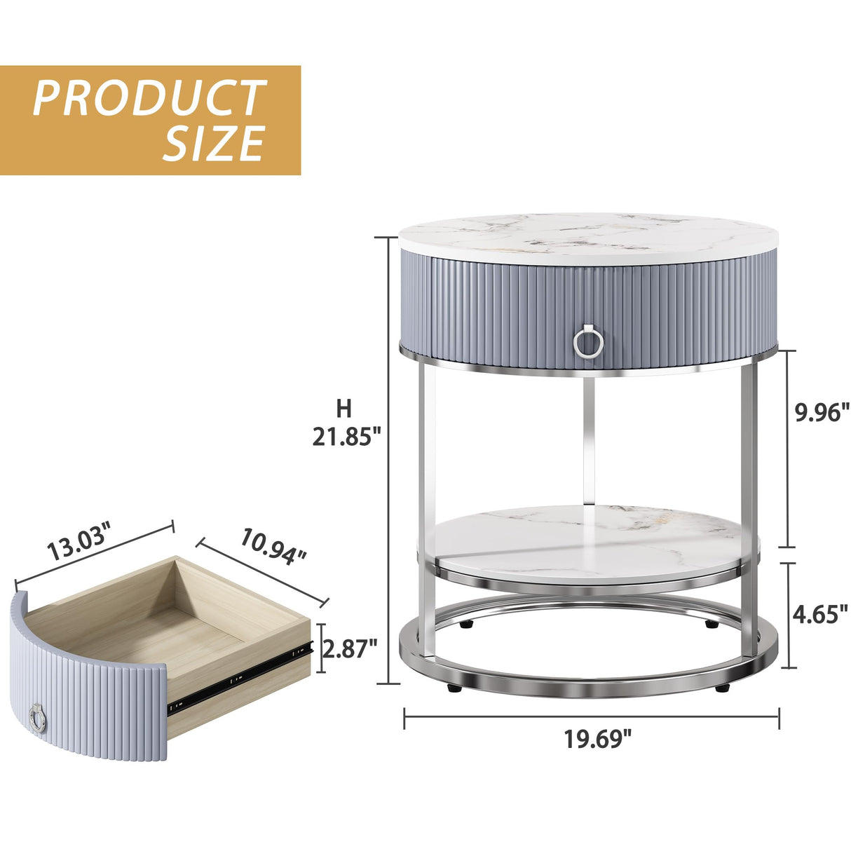 Modern End Table with Drawer, 2 Tier Side Table with Shelf, Round Nightstand