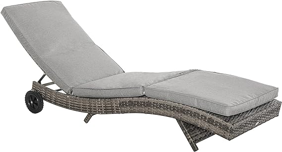 Chaise Lounge Pool Chair, Outdoor PE Rattan Cushioned Patio Sun Lounger