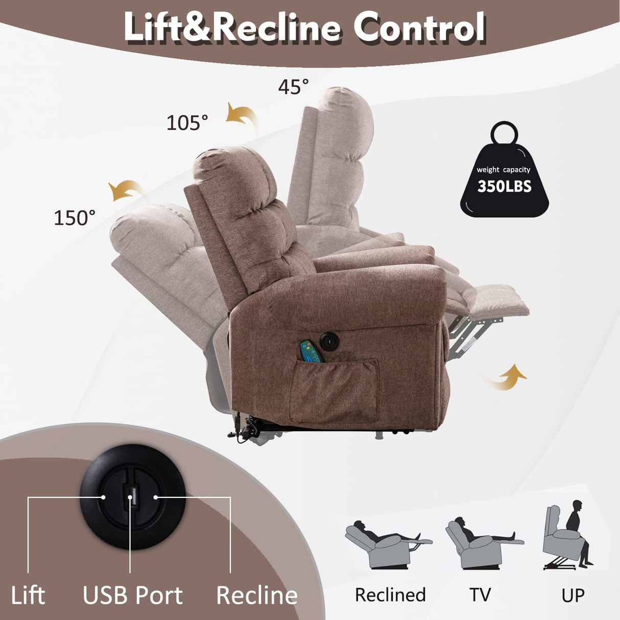 Power Lift Chair for Elderly, Leather Electric Living Room recliner, Light Brown