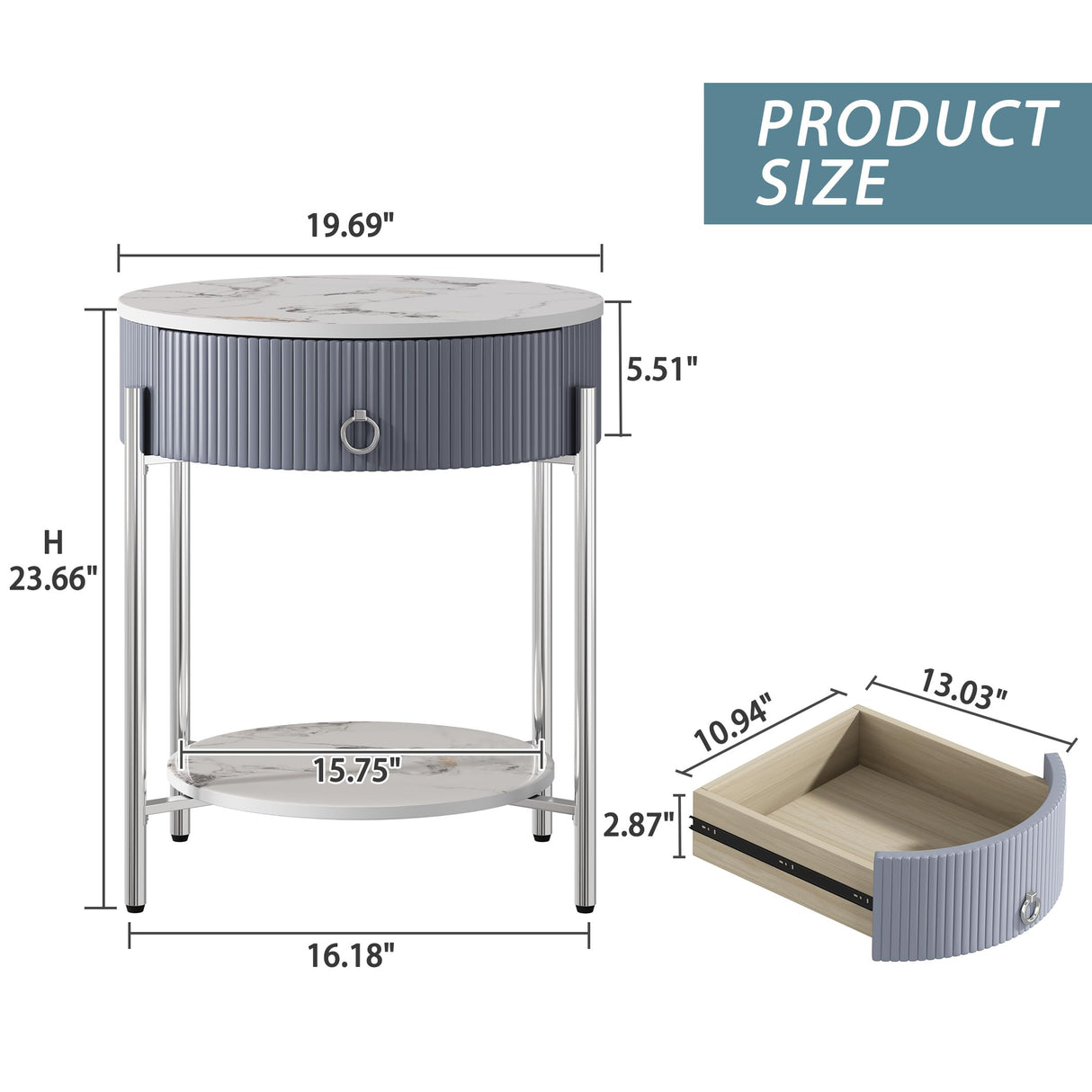 Round Side Table with Drawer, Modern Nightstand with Shelf and Chrome