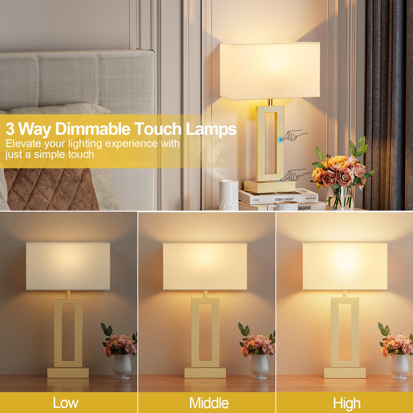 Bedroom Table Lamps Set of 2 - Touch Bedside Lamps with USB C+A, 3 Way Dimmable Gold Lamp for Nightstand,