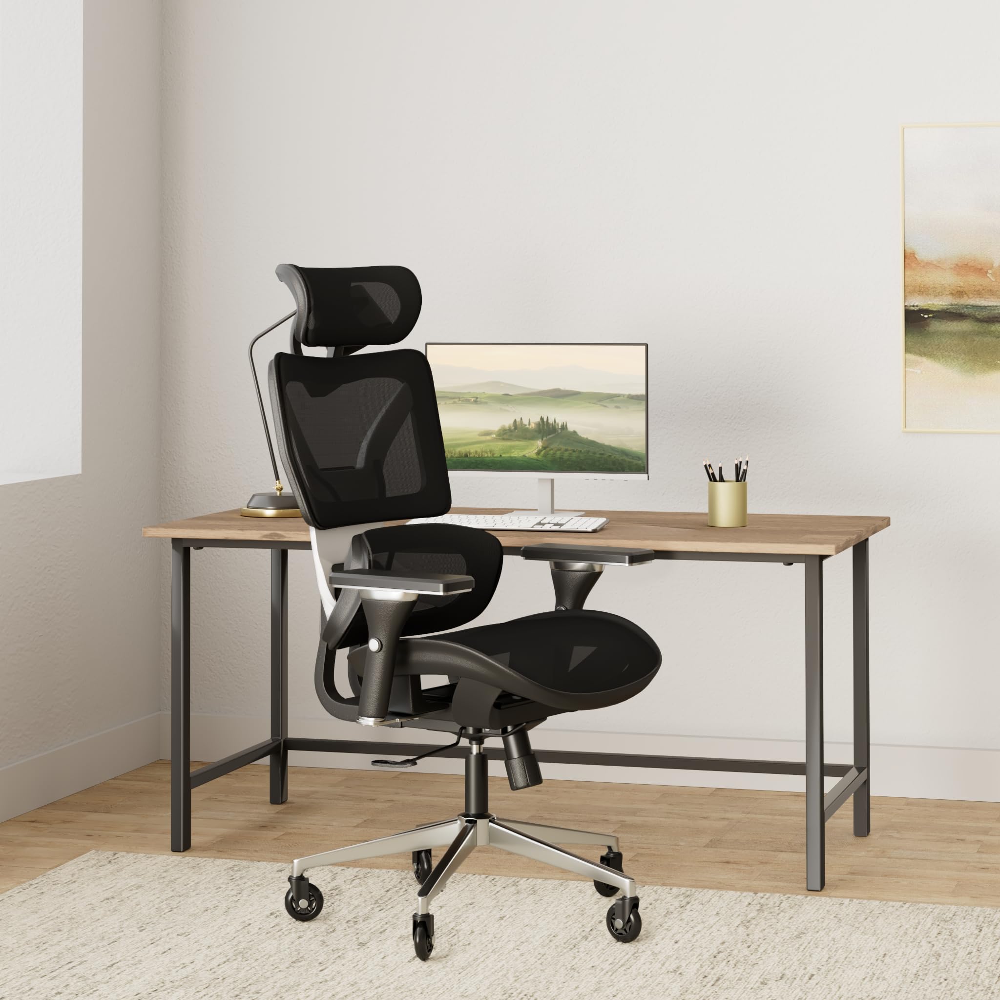 Mesh Office Chair - Adjustable Backrest Height, 4D Arms, Lumbar Support, Headrest and Tilt Angle - Metal Base Quiet Rubber Wheels Ergonomic High Back Computer Desk Chair