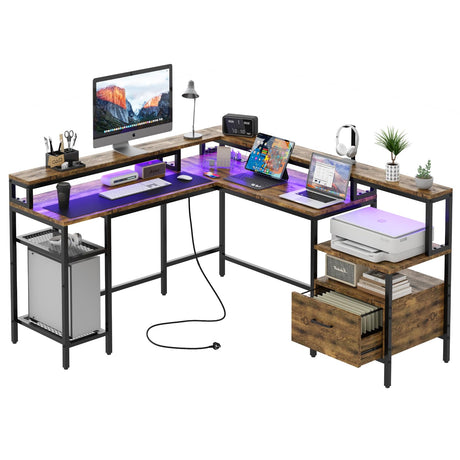 SkyMirror Computer Desk L Shaped 66" with LED Lights and Power Outlets, Reversible Gaming Desk with Monitor Stand and Printer Storage Shelves, Home Office Desk with USB and File Drawer (Vintage Brown)