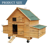 Large Chicken Coop with Wheels, Waterproof Outdoor Hen House for 6-8 Chickens