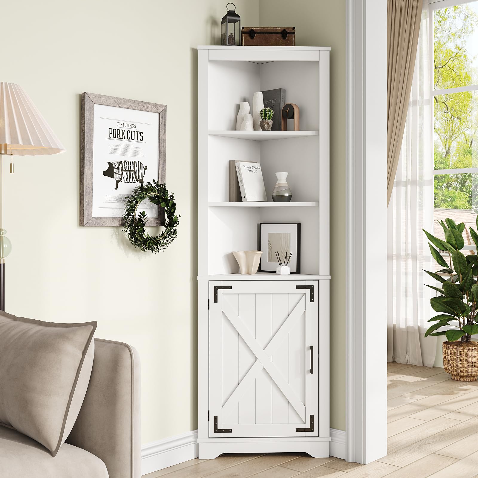 64" Tall Corner Storage Cabinet, 5-Tier Farmhouse Corner Cabinet with Barn Door andAdjustable