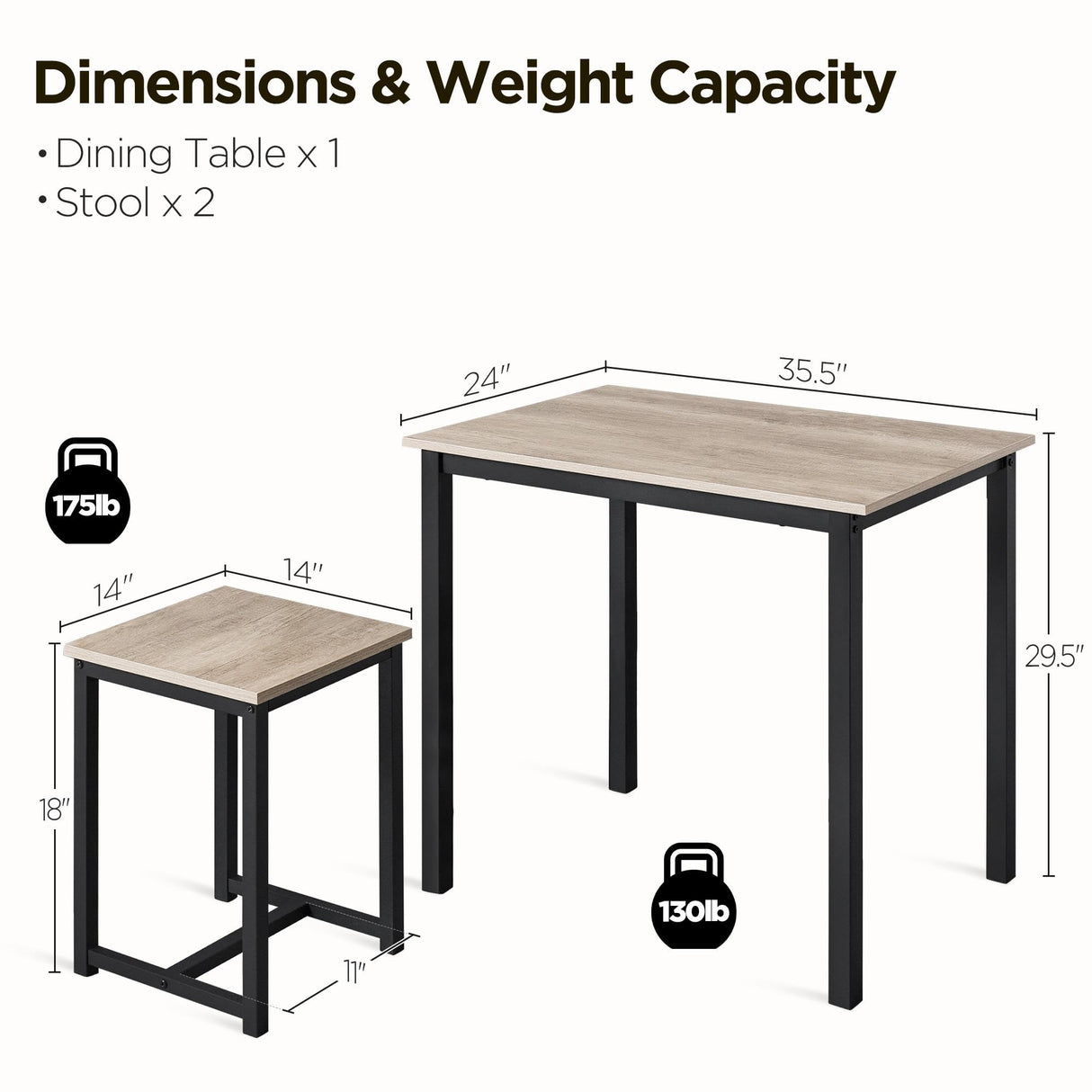 3 Piece Dining Table Set - Kitchen Table & Chair Sets for 2 - Compact Table w/ 2 Stools