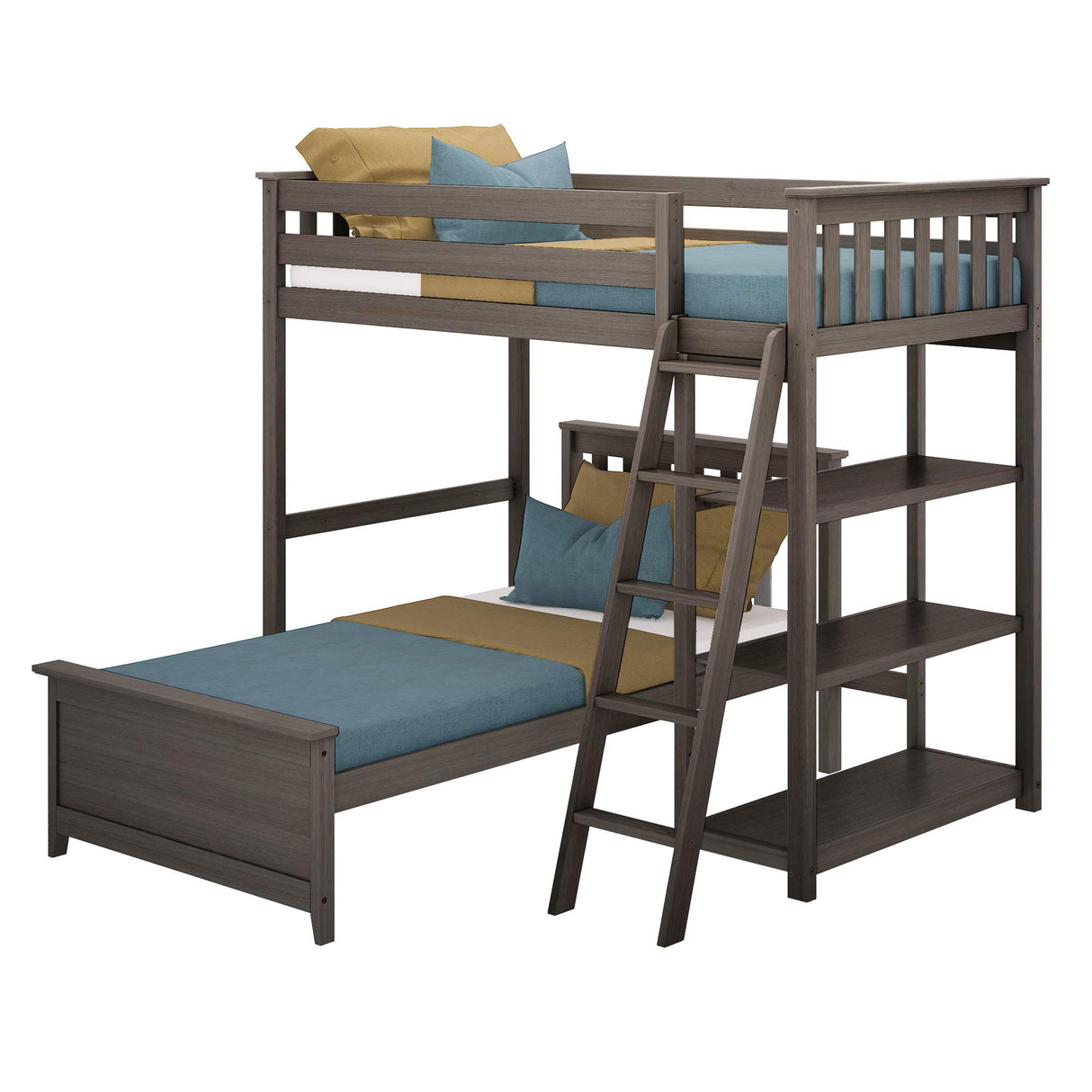 L Shape Twin over Full Bunk Bed with Bookcase, Grey