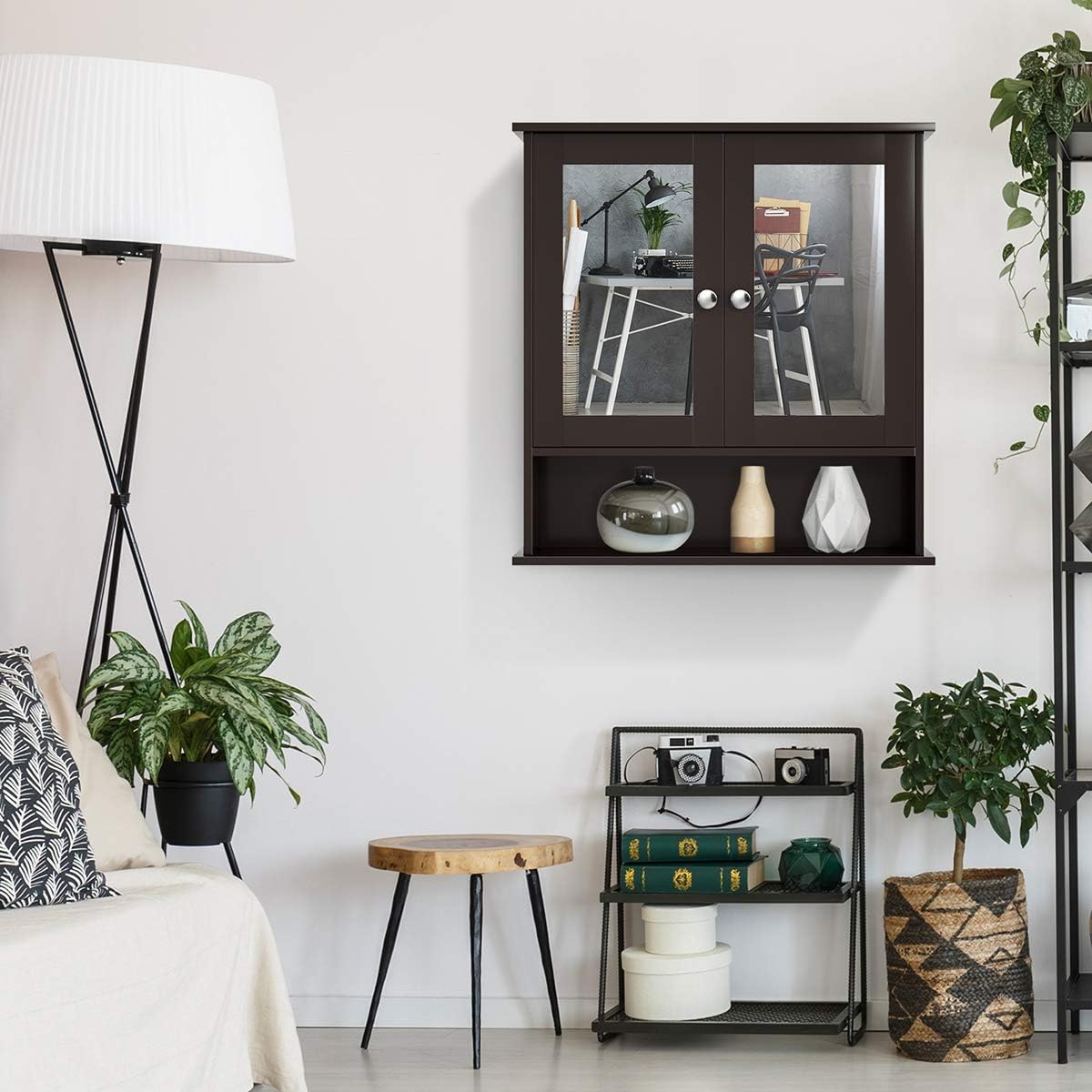 Bathroom Cabinet Wall Mounted with Double Mirror Doors, Wood Hanging Cabinet with Doors and Shelves,