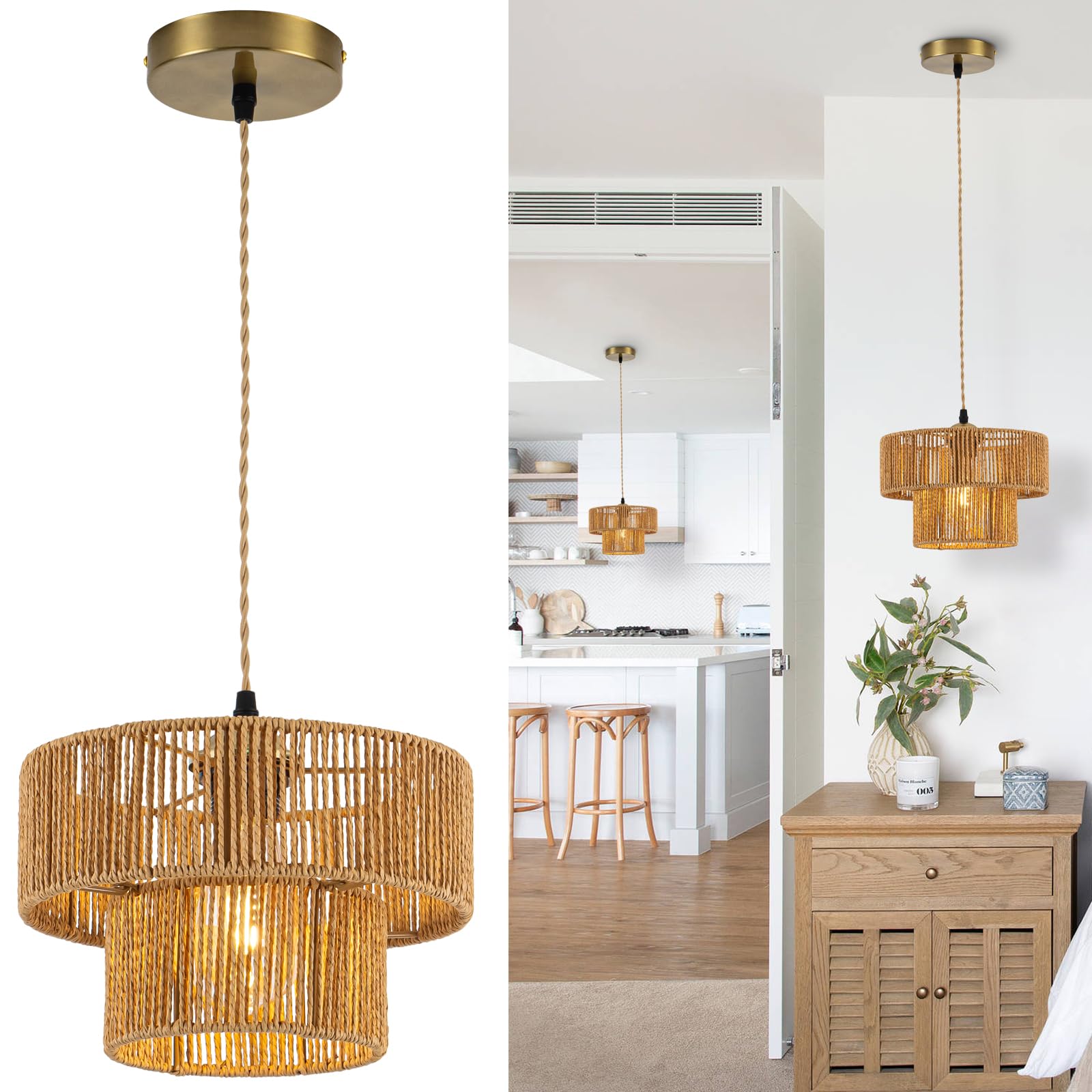 Farmhouse Rattan Pendant Light Fixture Vintage Boho Hand-Woven Bamboo Pendant