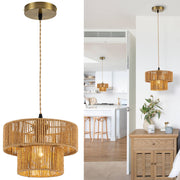 Farmhouse Rattan Pendant Light Fixture Vintage Boho Hand-Woven Bamboo Pendant